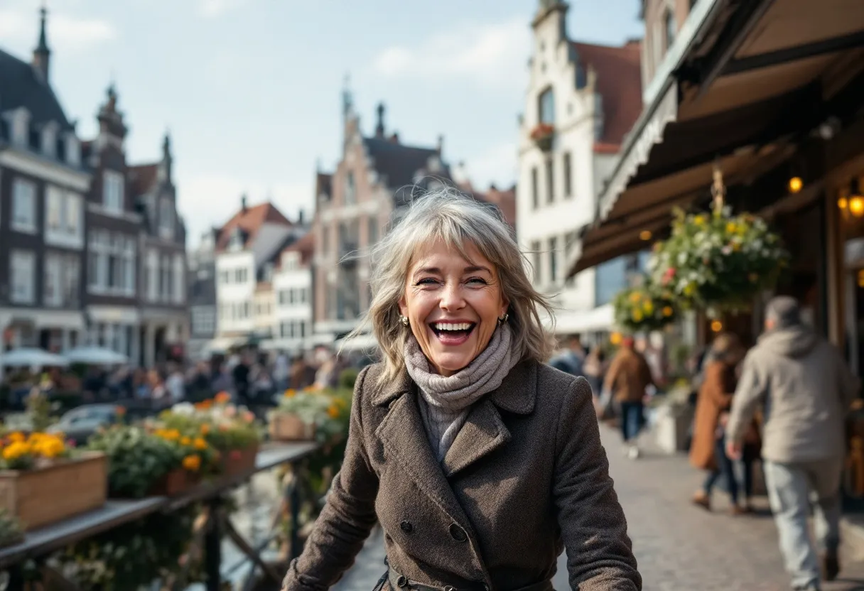 Een vrouw van midden veertig met een stralende, strakke huid loopt lachend over de Korenmarkt in Gent, omringd door historische gevels en gezellige terrasjes.