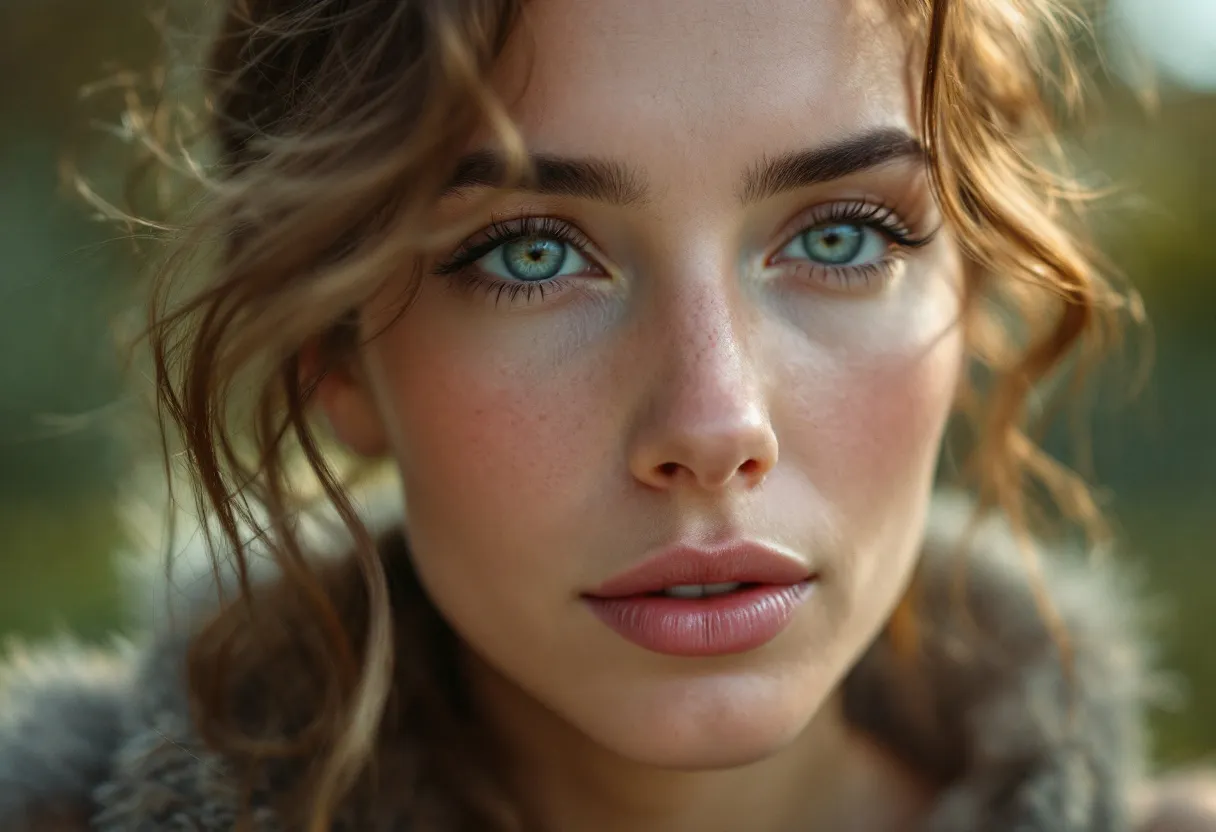 Een close-up van een stralende vrouw in het Citadelpark in Gent met een frisse, natuurlijke huid, subtiel zonlicht dat haar jukbeenderen accentueert.